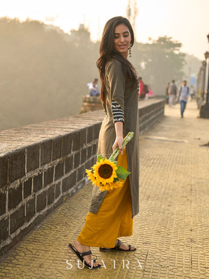 Stylish Grey Cotton Pleated Kurta with Artful Printed Yoke, Cuff Design & Contrast Mustard Piping