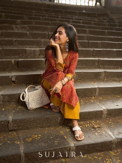 Red Cotton Printed Kurta with Highlighted Neckline and Border Cuff Details