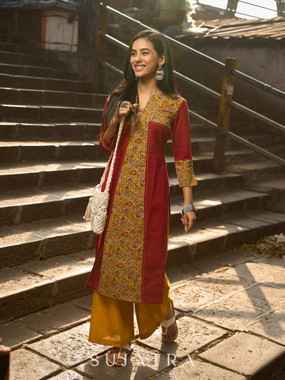 Dussehra Sale — Maroon Cotton Kurta with Statement Mustard Kalamkari Print Front Panel and Tailored Silhouette