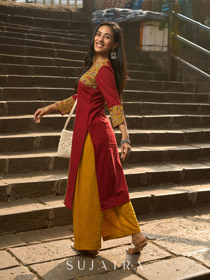 Dussehra Sale — Maroon Cotton Kurta with Statement Mustard Kalamkari Print Front Panel and Tailored Silhouette