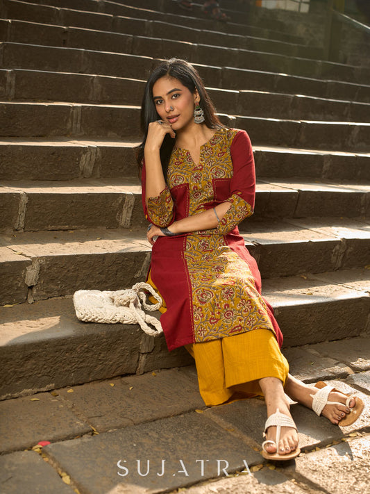 Maroon Cotton Kurta with Statement Mustard Kalamkari Print Front Panel and Tailored Silhouette