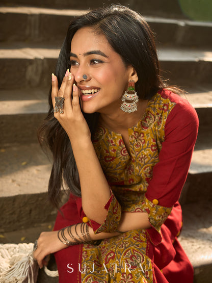 Dussehra Sale — Maroon Cotton Kurta with Statement Mustard Kalamkari Print Front Panel and Tailored Silhouette