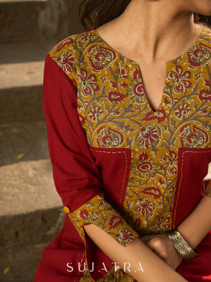 Dussehra Sale — Maroon Cotton Kurta with Statement Mustard Kalamkari Print Front Panel and Tailored Silhouette