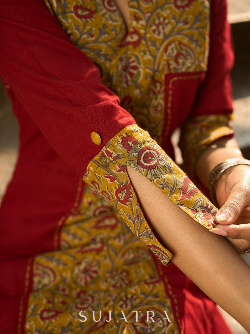 Dussehra Sale — Maroon Cotton Kurta with Statement Mustard Kalamkari Print Front Panel and Tailored Silhouette