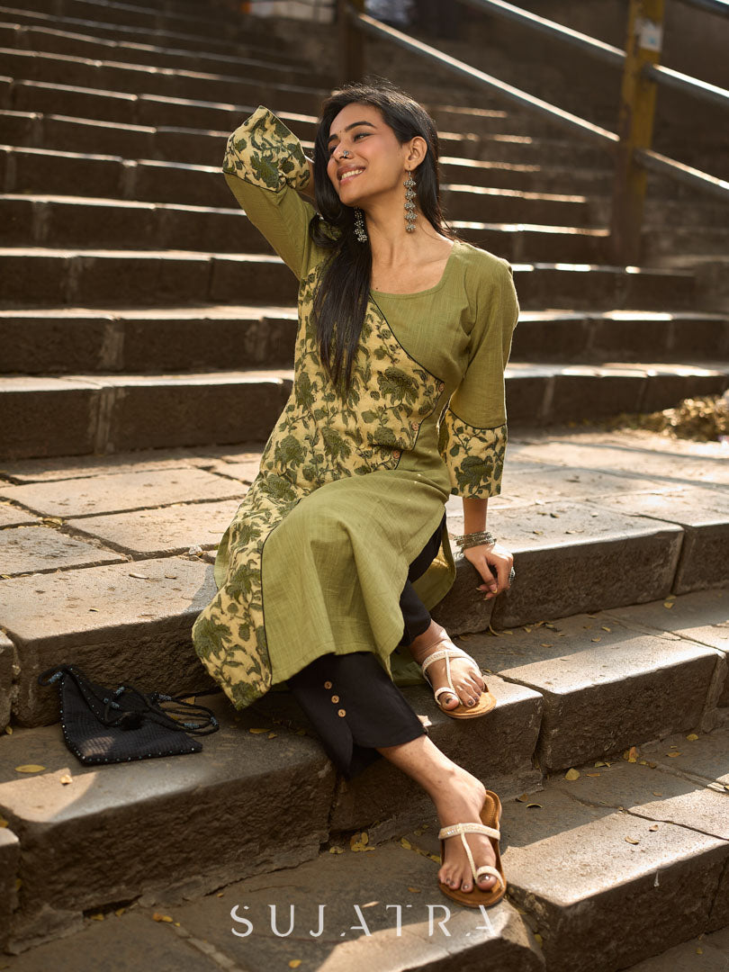 Sage Green Cotton Kurta with Floral Printed Overlapping Panel & Flared Sleeves