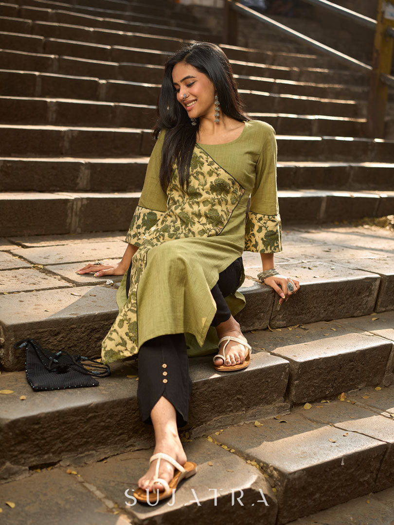 Sage Green Cotton Kurta with Floral Printed Overlapping Panel & Flared Sleeves