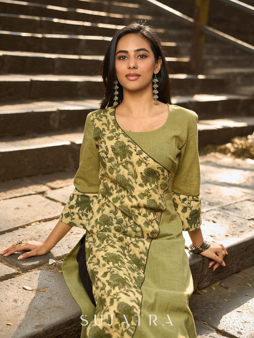 Sage Green Cotton Kurta with Floral Printed Overlapping Panel & Flared Sleeves