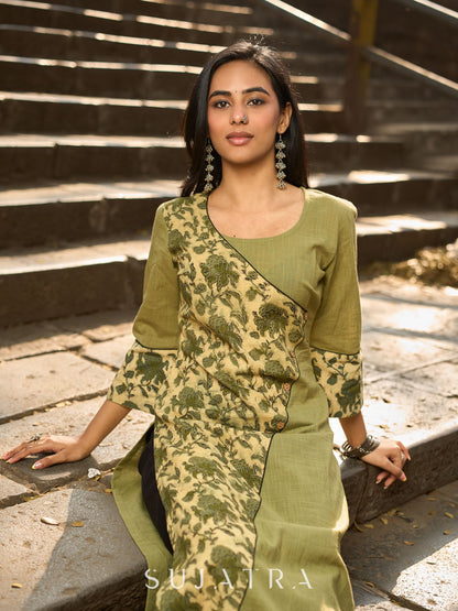 Sage Green Cotton Kurta with Floral Printed Overlapping Panel & Flared Sleeves