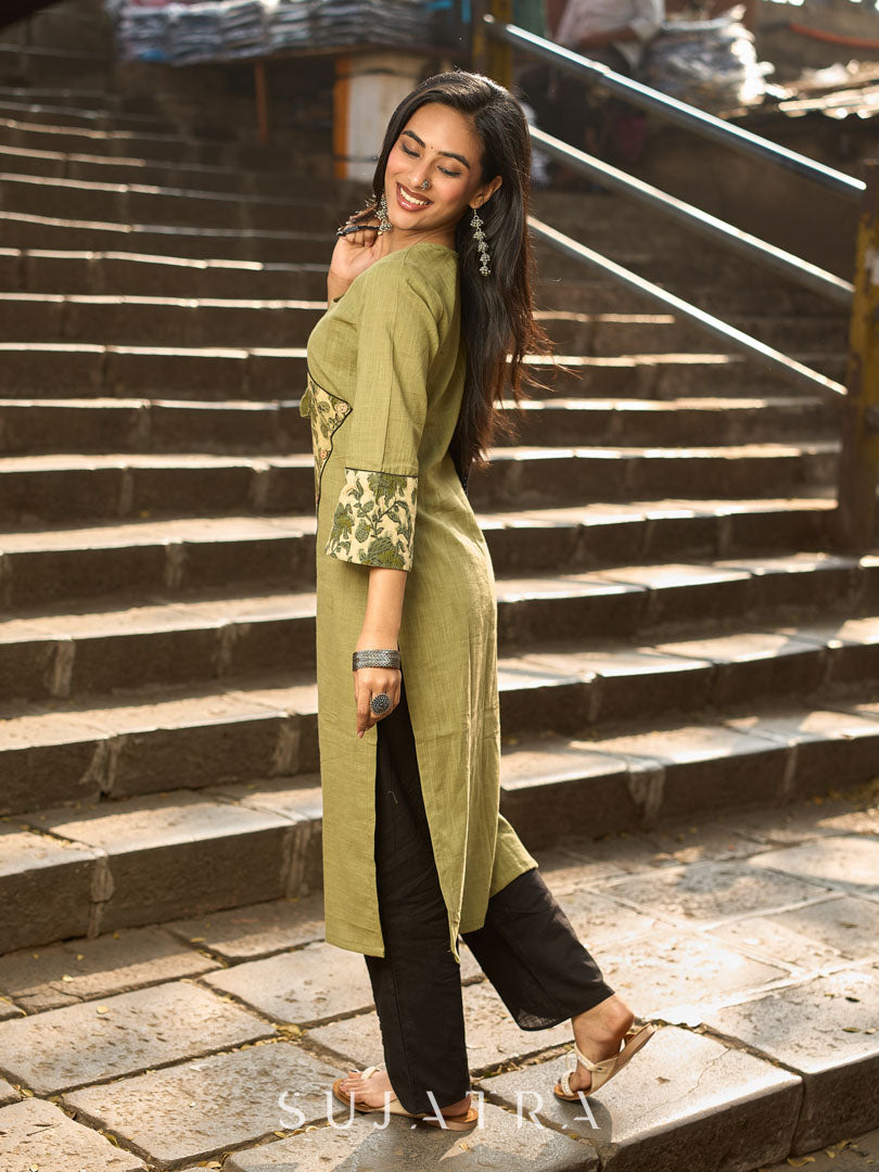 Sage Green Cotton Kurta with Floral Printed Overlapping Panel & Flared Sleeves