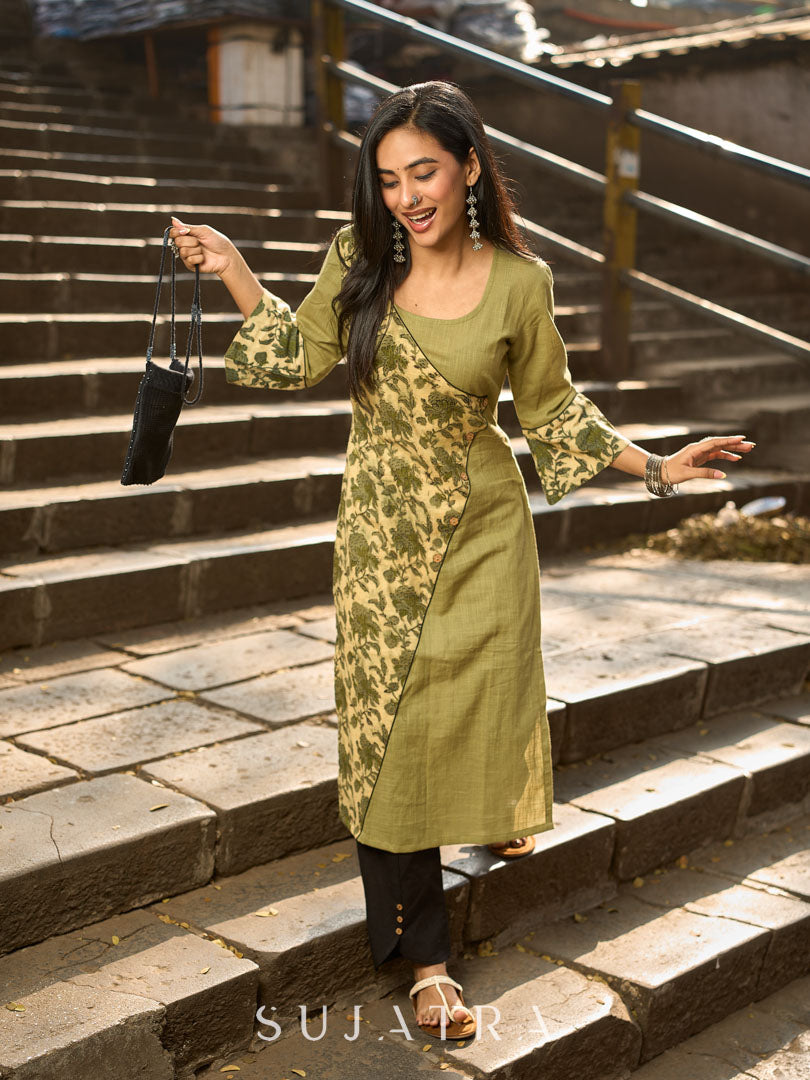 Sage Green Cotton Kurta with Floral Printed Overlapping Panel & Flared Sleeves