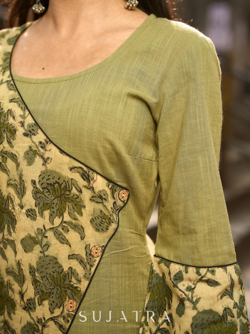 Sage Green Cotton Kurta with Floral Printed Overlapping Panel & Flared Sleeves