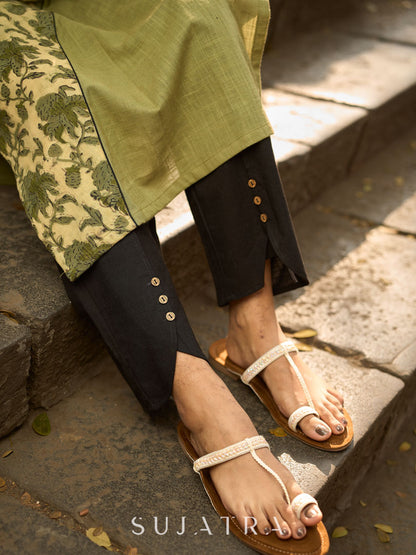 Sage Green Cotton Kurta with Floral Printed Overlapping Panel & Flared Sleeves