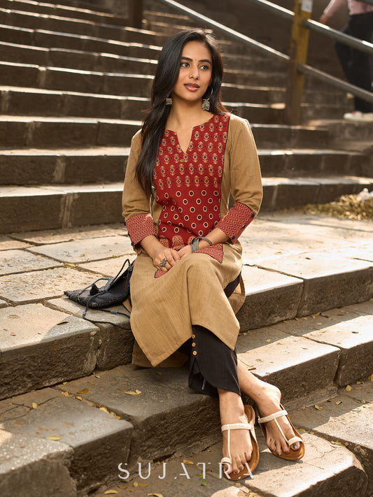 Beige Cotton Kurta with Traditional Printed Ajrakh Panel