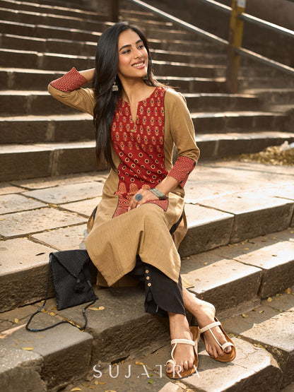 Beige Cotton Kurta with Traditional Printed Ajrakh Panel