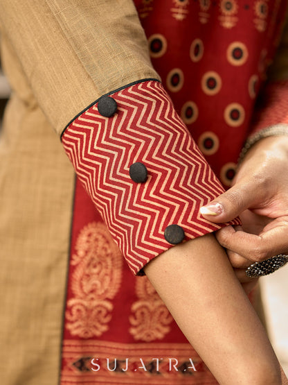 Beige Cotton Kurta with Traditional Printed Ajrakh Panel