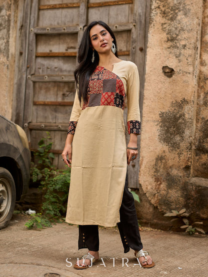 Beige Rayon Kurta With Ajrakh Patchwork Printed Yoke And Contrast Sleeve Borders