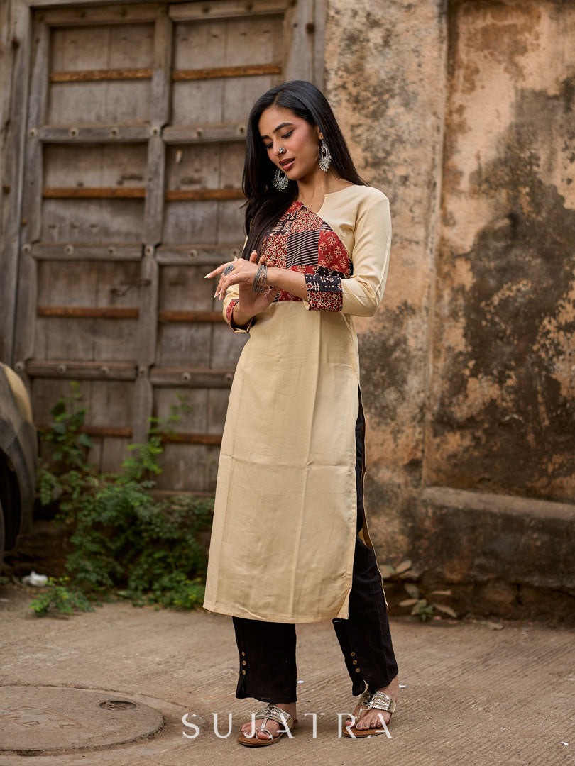Beige Rayon Kurta With Ajrakh Patchwork Printed Yoke And Contrast Sleeve Borders