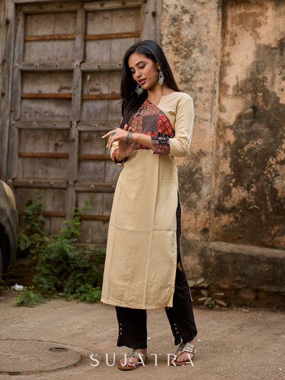 Beige Rayon Kurta With Ajrakh Patchwork Printed Yoke And Contrast Sleeve Borders