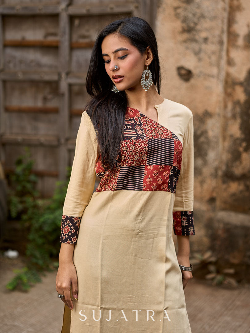 Beige Rayon Kurta With Ajrakh Patchwork Printed Yoke And Contrast Sleeve Borders