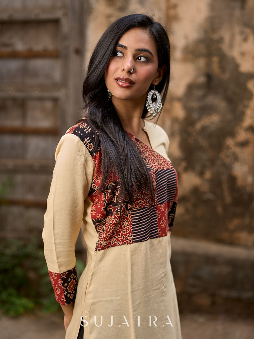 Beige Rayon Kurta With Ajrakh Patchwork Printed Yoke And Contrast Sleeve Borders