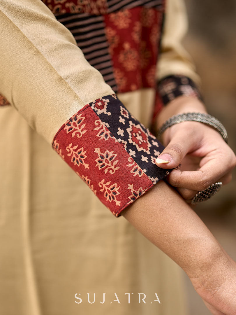 Beige Rayon Kurta With Ajrakh Patchwork Printed Yoke And Contrast Sleeve Borders