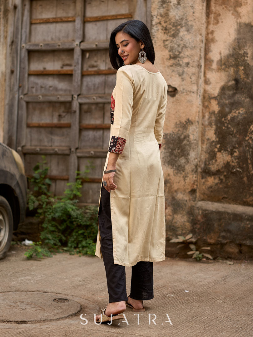 Beige Rayon Kurta With Ajrakh Patchwork Printed Yoke And Contrast Sleeve Borders
