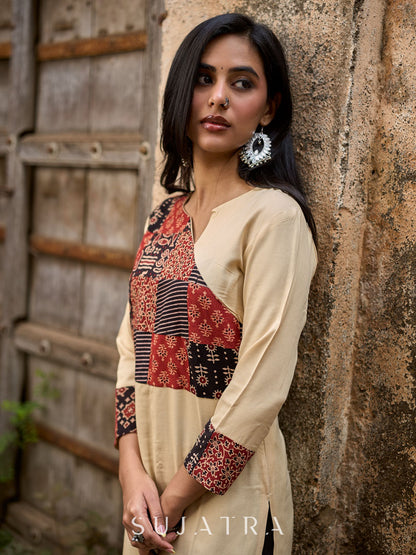 Beige Rayon Kurta With Ajrakh Patchwork Printed Yoke And Contrast Sleeve Borders