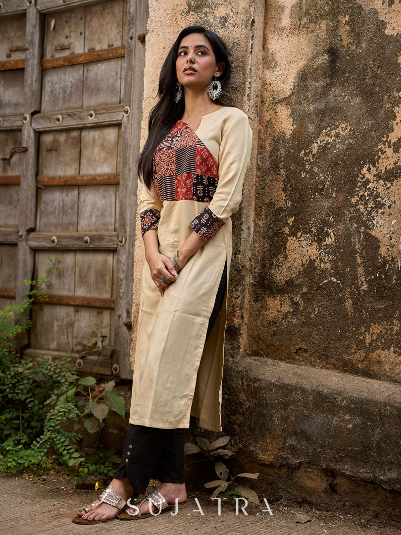Beige Rayon Kurta With Ajrakh Patchwork Printed Yoke And Contrast Sleeve Borders