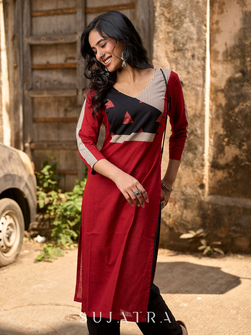 Maroon Cotton Kurti with Contemporary Geometric Print Yoke & Sleeves - Pant Optional
