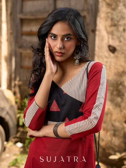Maroon Cotton Kurti with Contemporary Geometric Print Yoke & Sleeves