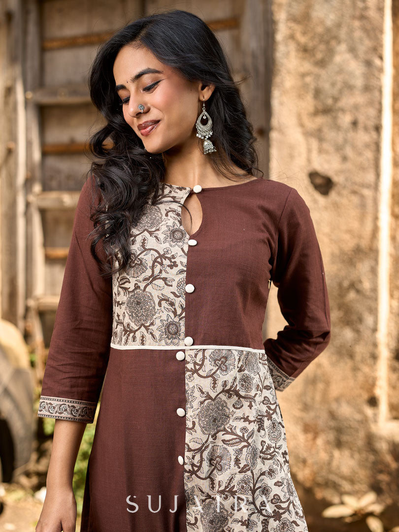 Dark Brown Cotton Straight Kurta with Floral Printed Panel and Contrast Border Sleeves