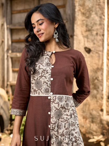 Dark Brown Cotton Straight Kurta with Floral Printed Panel and Contrast Border Sleeves