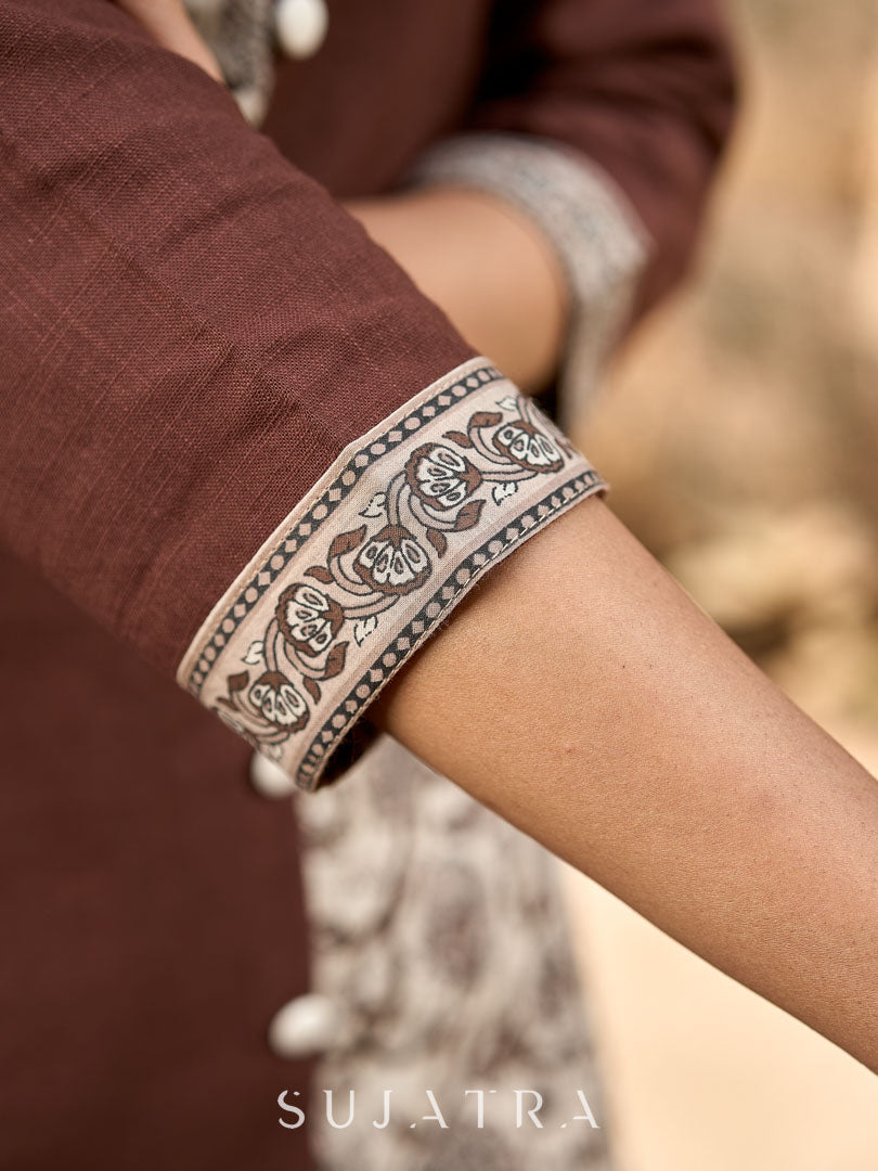 Dark Brown Cotton Straight Kurta with Floral Printed Panel and Contrast Border Sleeves