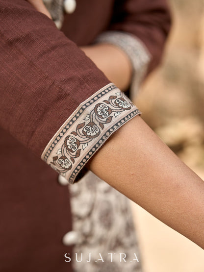 Dark Brown Cotton Straight Kurta with Floral Printed Panel and Contrast Border Sleeves