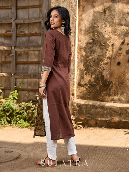 Dark Brown Cotton Straight Kurta with Floral Printed Panel and Contrast Border Sleeves