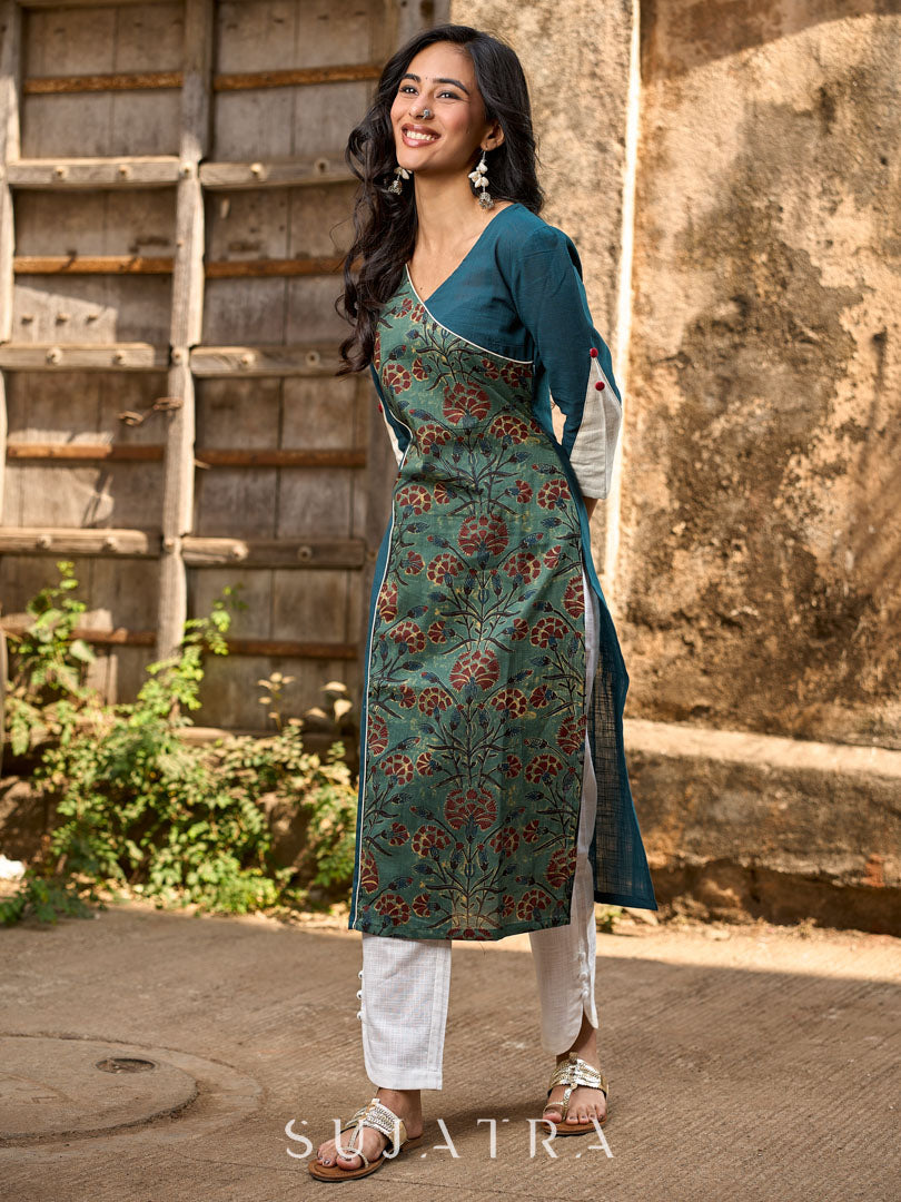 Teal Cotton Kurta with Printed Floral Asymmetric Panel