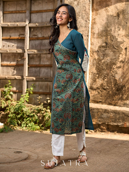 Teal Cotton Kurta with Printed Floral Asymmetric Panel