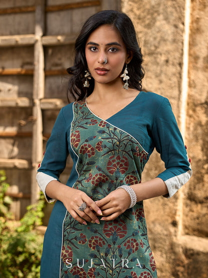 Teal Cotton Kurta with Printed Floral Asymmetric Panel
