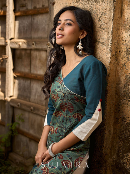 Teal Cotton Kurta with Printed Floral Asymmetric Panel