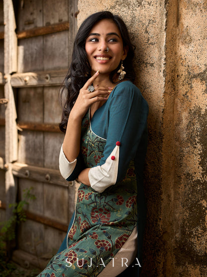 Teal Cotton Kurta with Printed Floral Asymmetric Panel