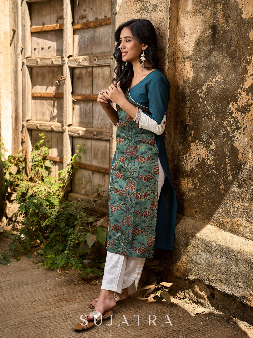 Teal Cotton Kurta with Printed Floral Asymmetric Panel