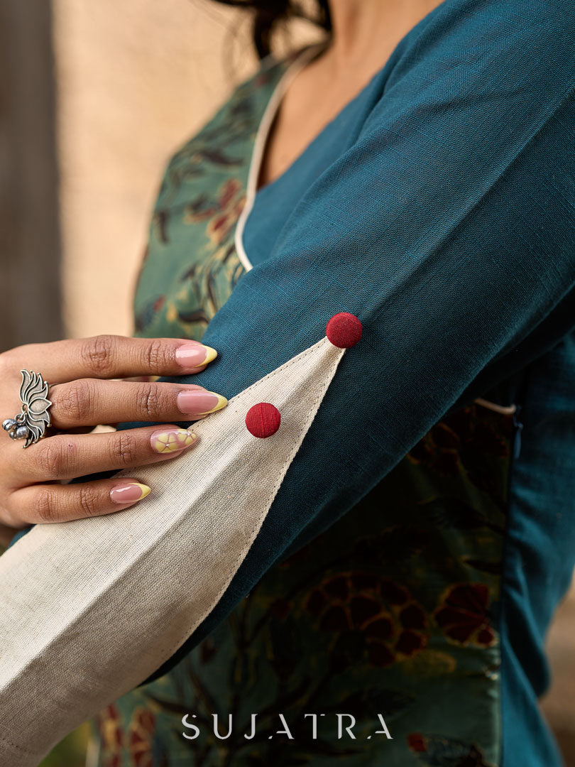 Dussehra Sale — Teal Cotton Kurta with Printed Floral Asymmetric Panel