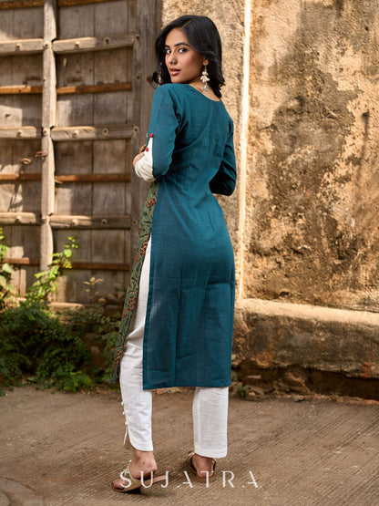 Teal Cotton Kurta with Printed Floral Asymmetric Panel