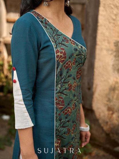 Teal Cotton Kurta with Printed Floral Asymmetric Panel