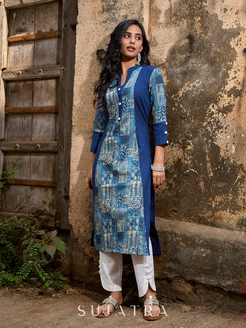Stylish Navy Blue Cotton Kurta with Contemporary Printed Panel