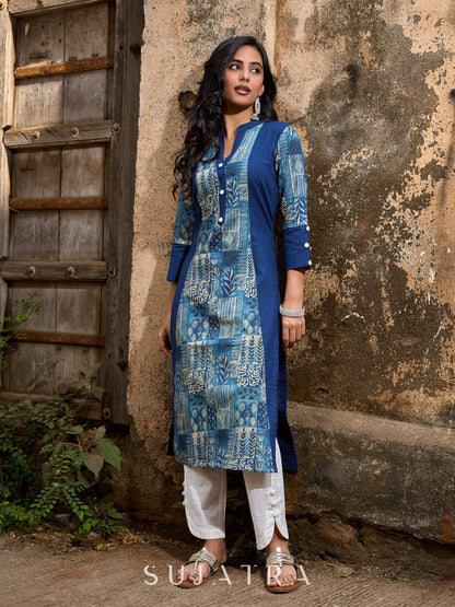 Stylish Navy Blue Cotton Kurta with Contemporary Printed Panel