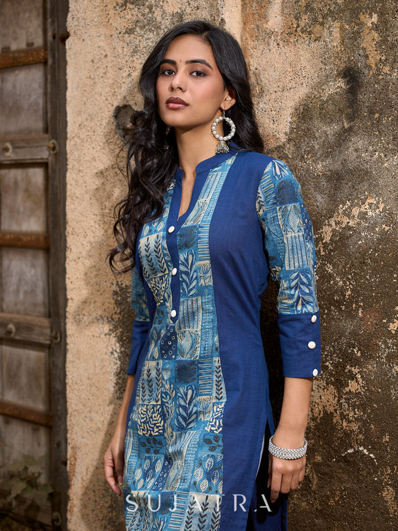 Stylish Navy Blue Cotton Kurta with Contemporary Printed Panel