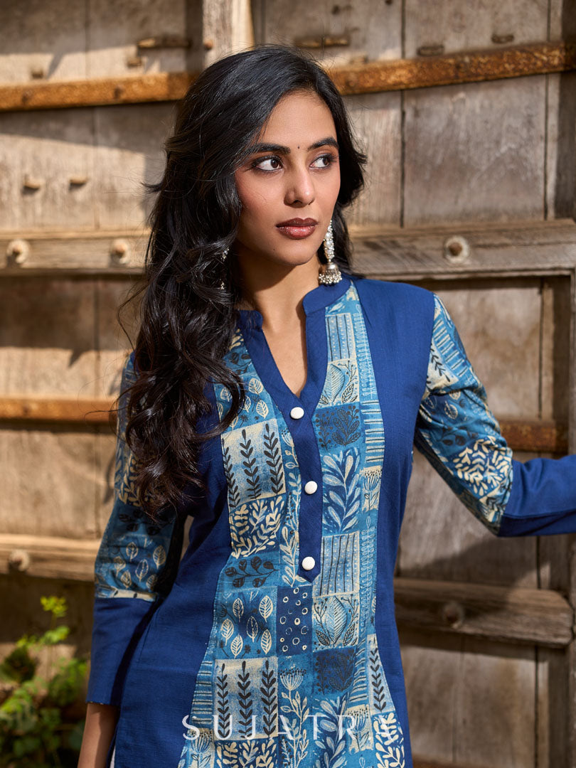 Stylish Navy Blue Cotton Kurta with Contemporary Printed Panel