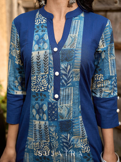 Stylish Navy Blue Cotton Kurta with Contemporary Printed Panel