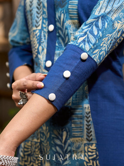 Stylish Navy Blue Cotton Kurta with Contemporary Printed Panel